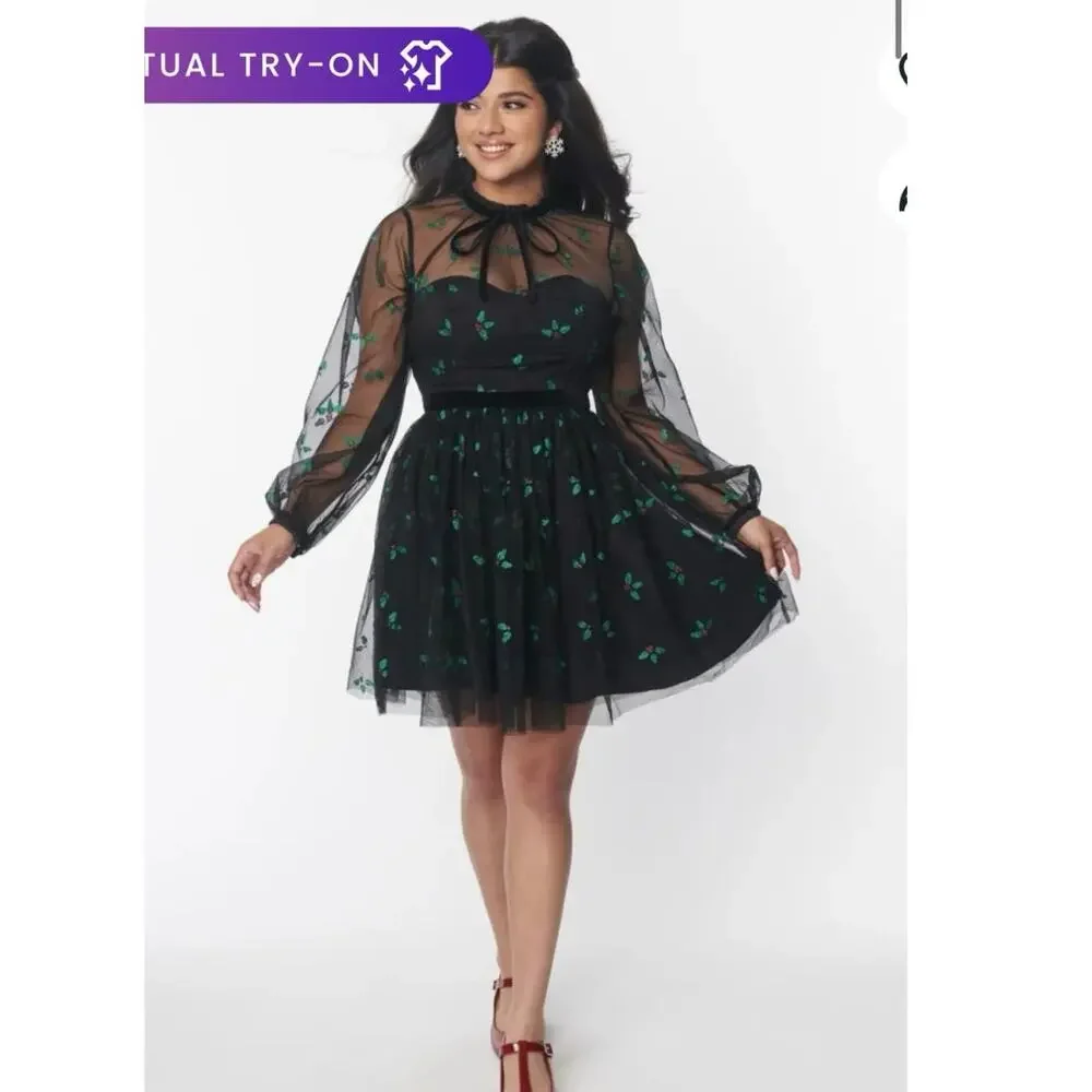 NWT Unique Vintage Holiday Dress Size 1X/16 Party Mistletoe Long Sleeve Mesh